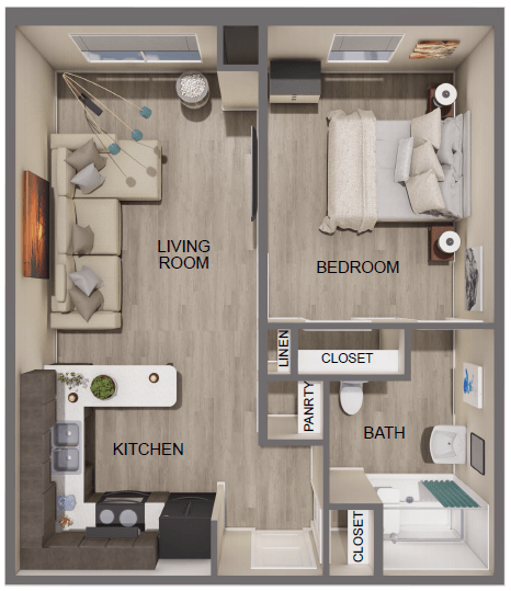 Floor plan for 1 bed, 1 bath, 535 sqft